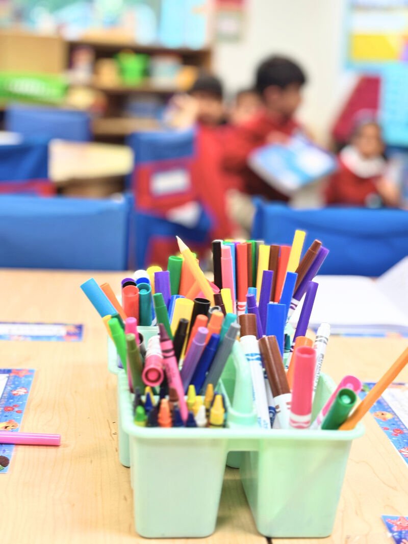 Classroom with colorful markers